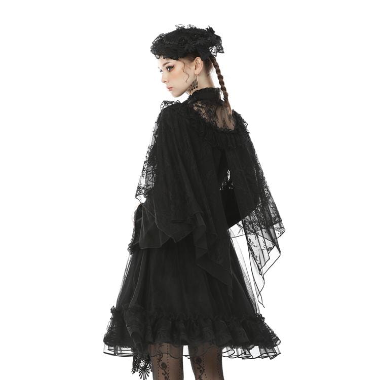 Women's Goth Floral Sheer Lace Cape with Trumpet Sleeves