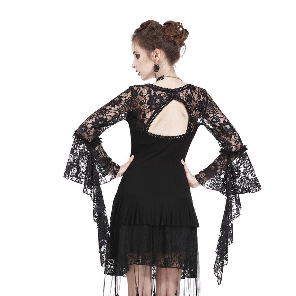 Darkinlove Women's Goth Front Lace-up Flare Sleeved Cutout Back Ruffles Lace Tops