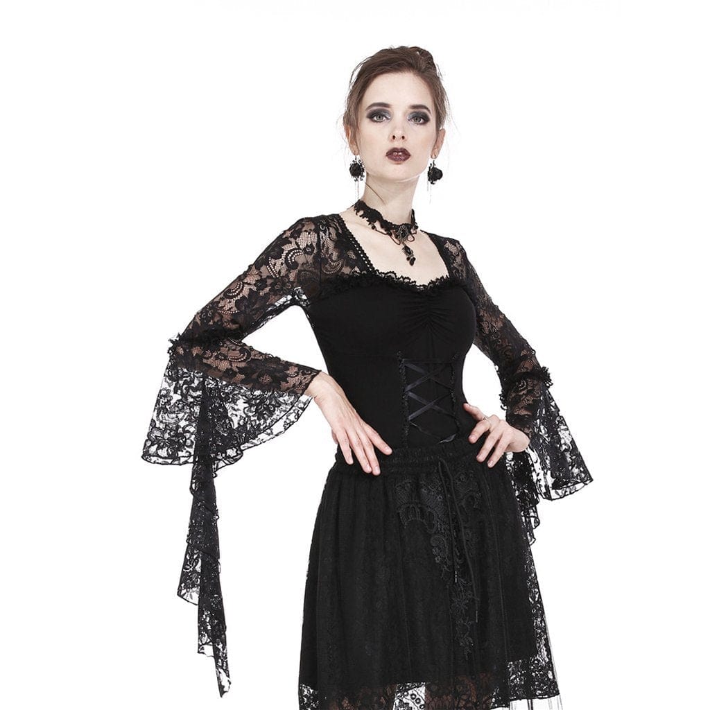 Darkinlove Women's Goth Front Lace-up Flare Sleeved Cutout Back Ruffles Lace Tops