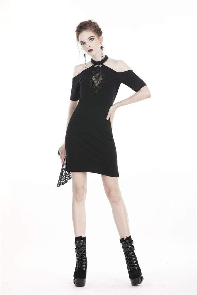 Darkinlove Women's Goth Halterneck Off-shoulder Black Tube Dress