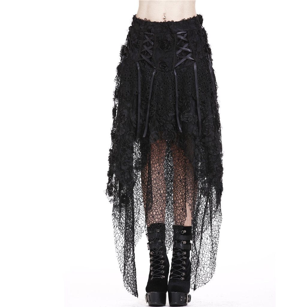 Darkinlove Women's Goth High-Waisted Floral Lace Irregular Hem Skirts