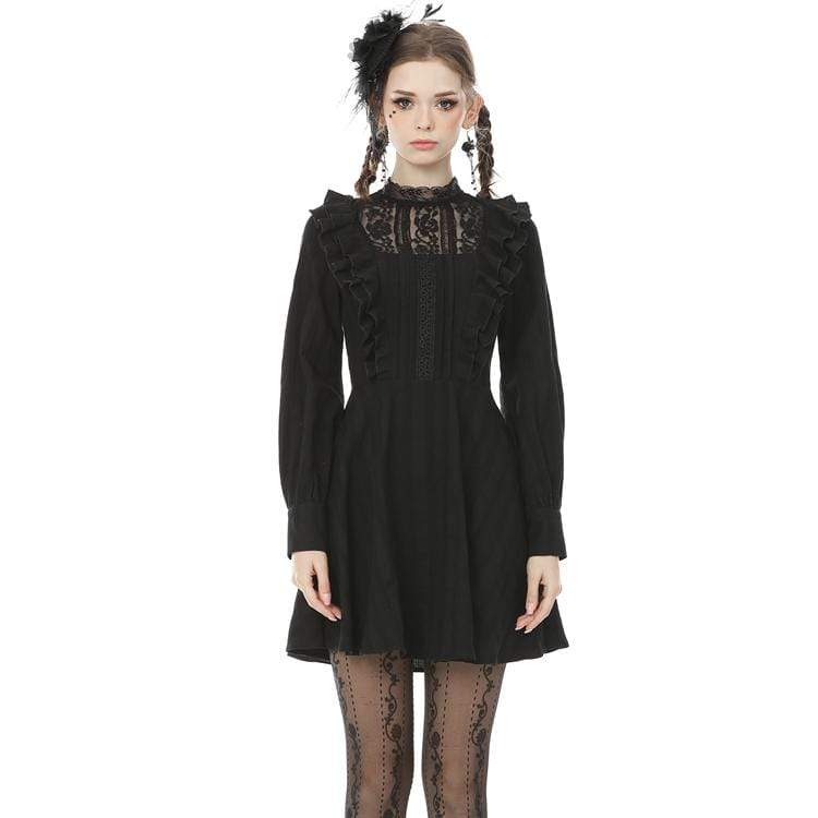 Women's Goth Lace Collar Long Sleeved Ruffles Black Little Dresses