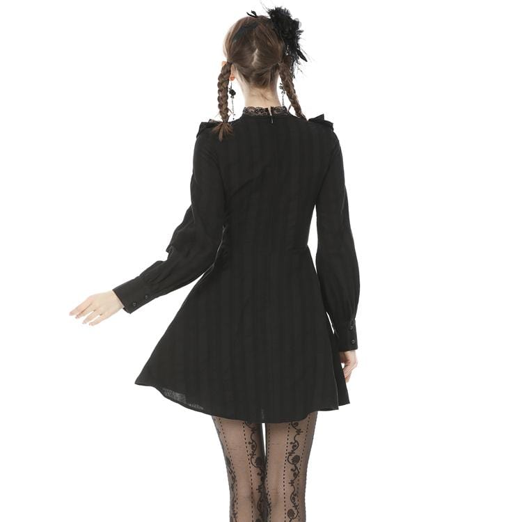 Women's Goth Lace Collar Long Sleeved Ruffles Black Little Dresses
