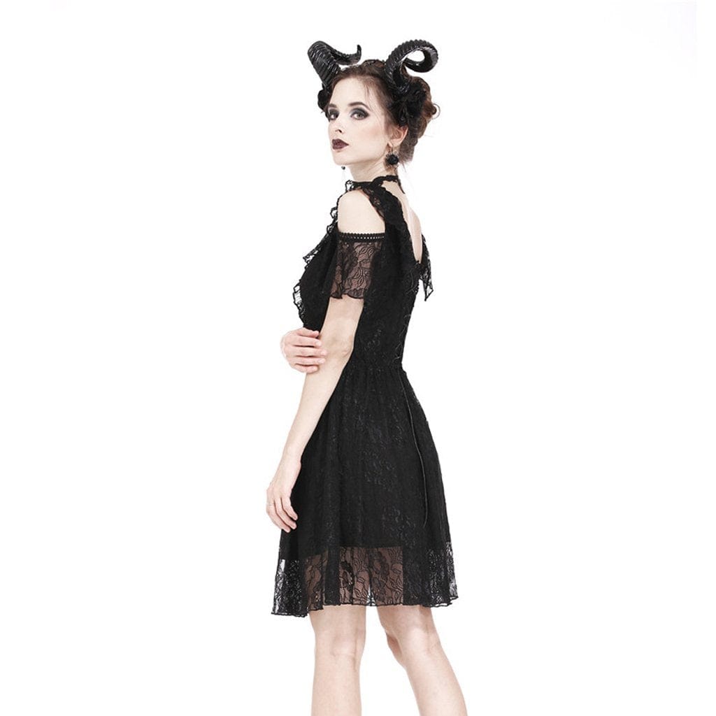 Darkinlove Women's Goth Lace Plunge V-neck Ruffle Mini Dress
