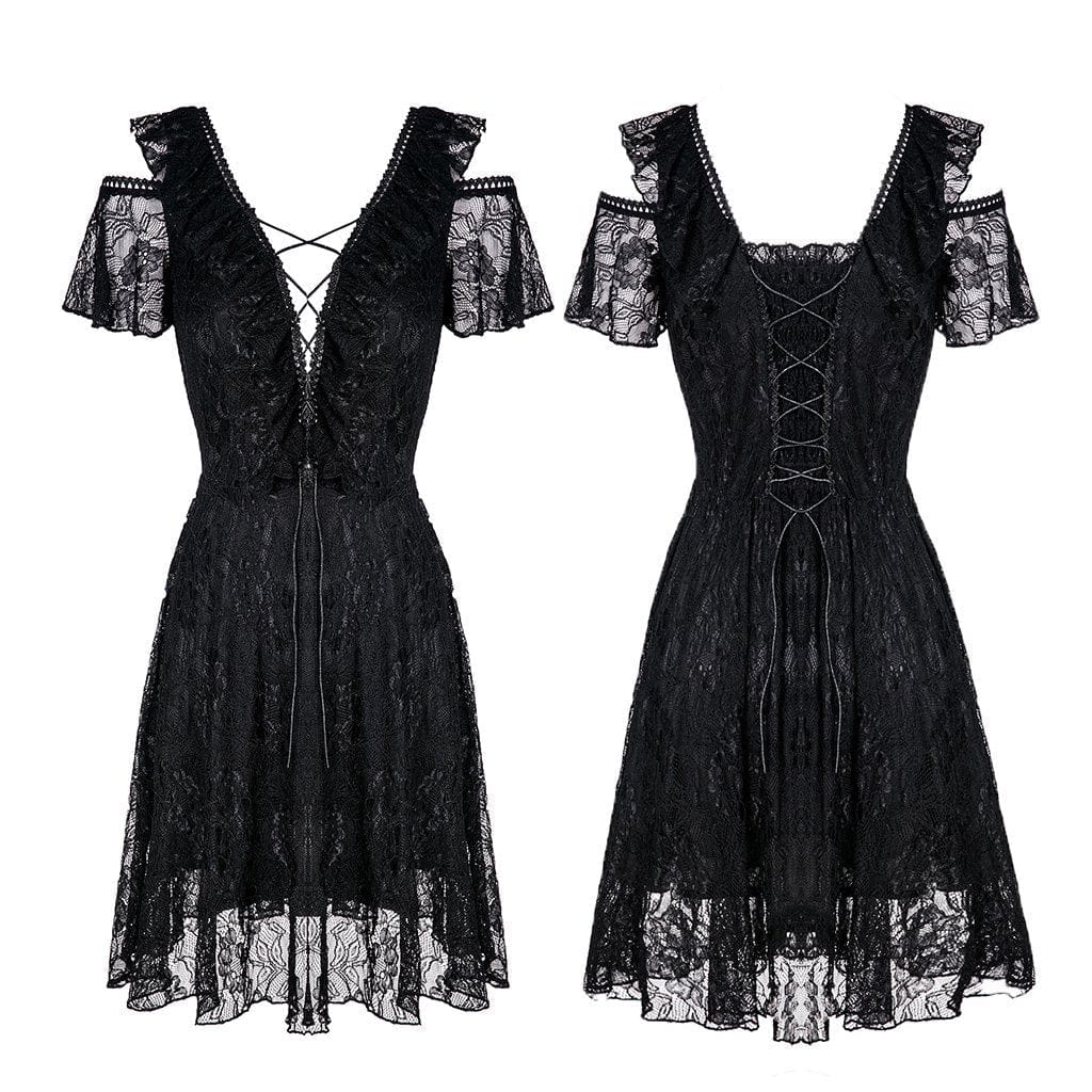 Darkinlove Women's Goth Lace Plunge V-neck Ruffle Mini Dress