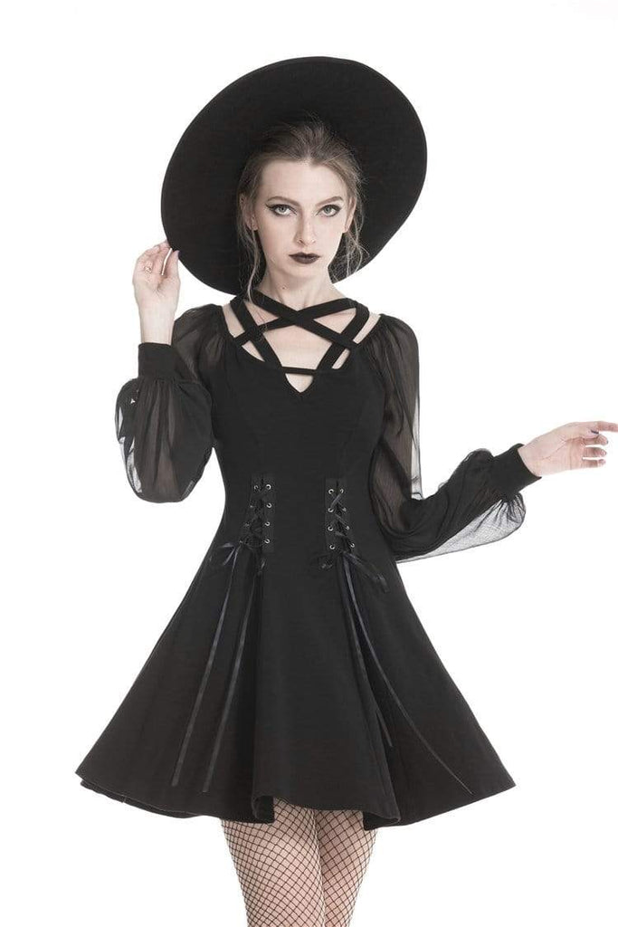 Darkinlove Women's Goth Lacing Black Little Dresses With Mesh sleeves