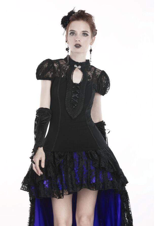 Darkinlove Women's Goth Lacing Hollow Puff Sleeved Lace Tops