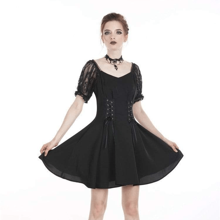 Darkinlove Women's Goth Lolita Lacing Black Little Dress With Puff  Sleeves