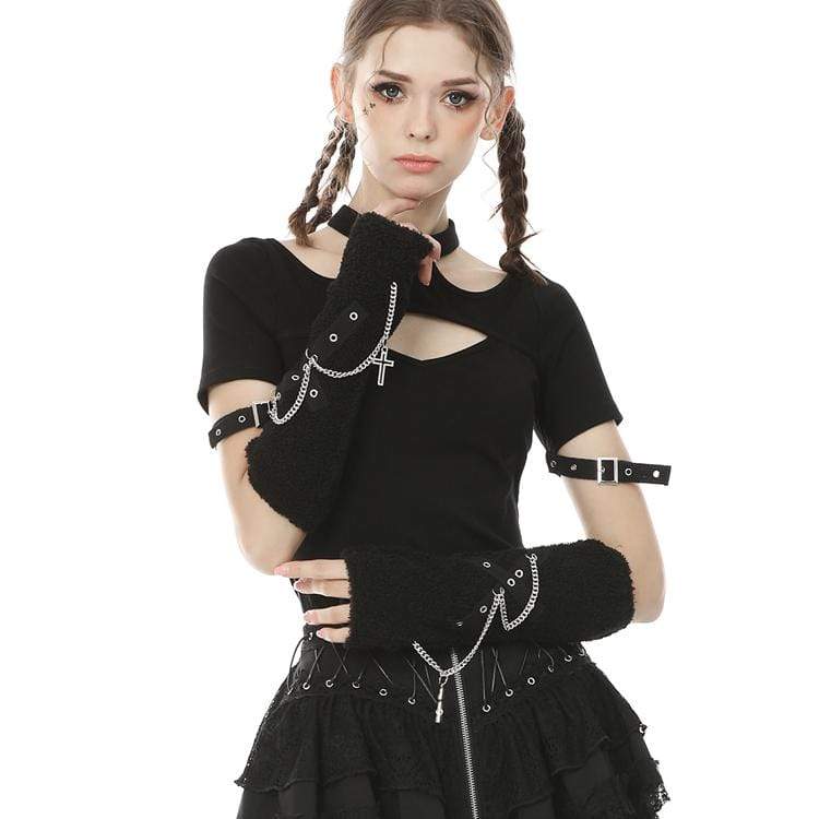 Women's Goth Long Gloves with Metal Chains