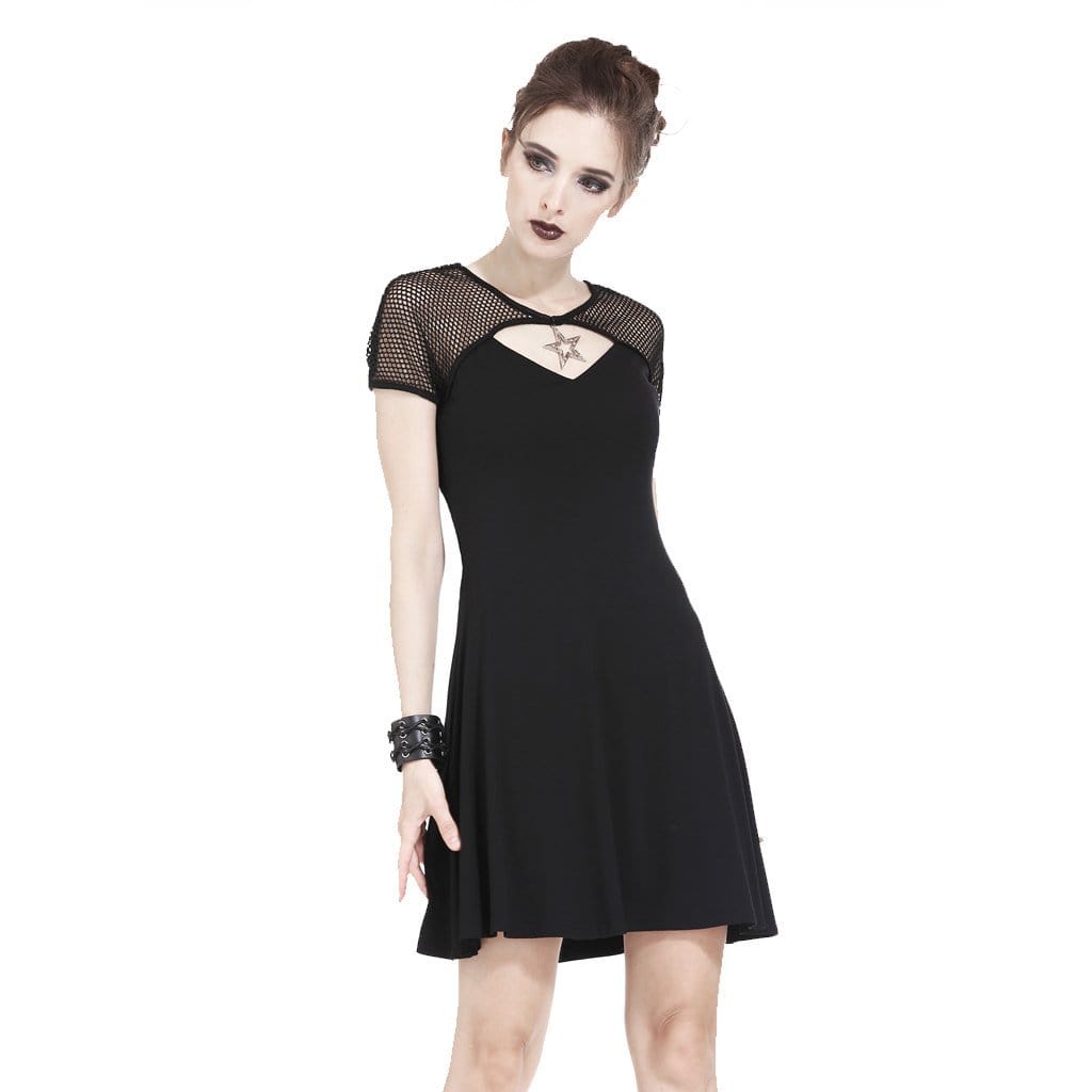 Darkinlove Women's Goth Mesh Shoulder Ruched Short Dress