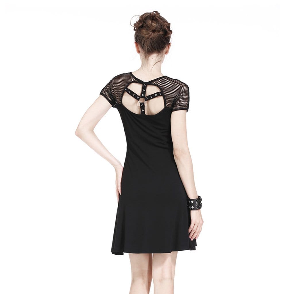 Darkinlove Women's Goth Mesh Shoulder Ruched Short Dress
