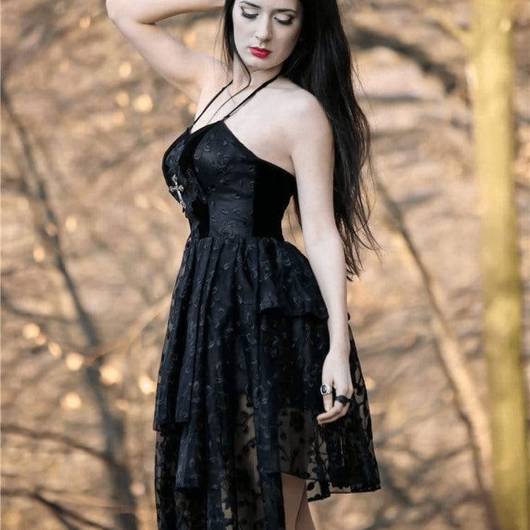 Women's Goth Multilayer Floral Black Lace Wedding Gown Dress – Punk Design