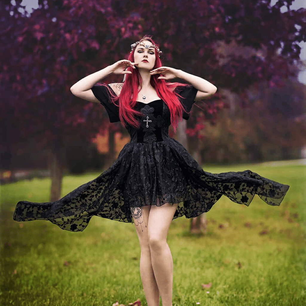 Darkinlove Women's Goth Multilayer Floral Black Lace Gown Dress