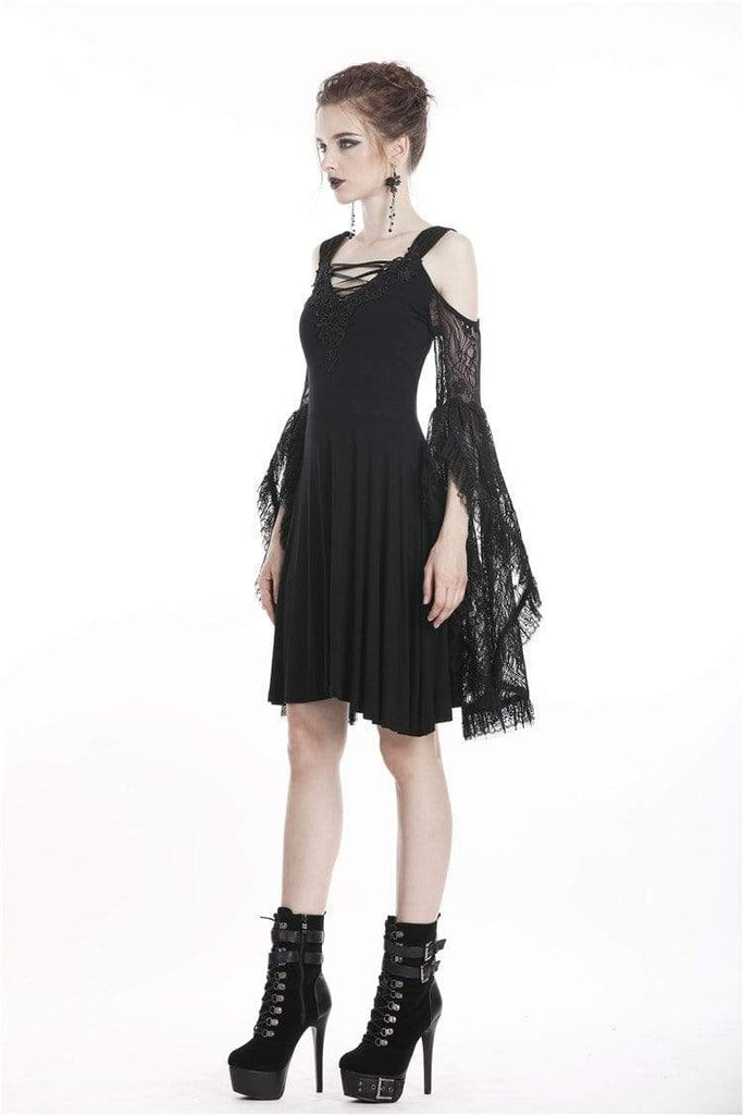 Darkinlove Women's Goth Off Shoulder Black Little Dress With Lace Flare Sleeves