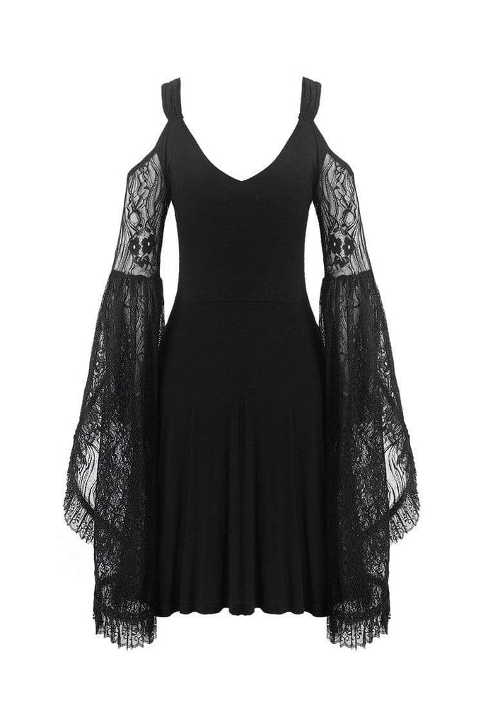 Darkinlove Women's Goth Off Shoulder Black Little Dress With Lace Flare Sleeves