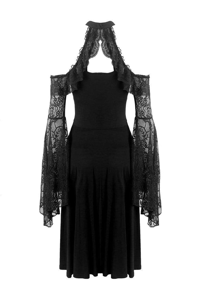 Darkinlove Women's Goth Off-Shoulder Lace Black Little Dress With Flare Sleeves