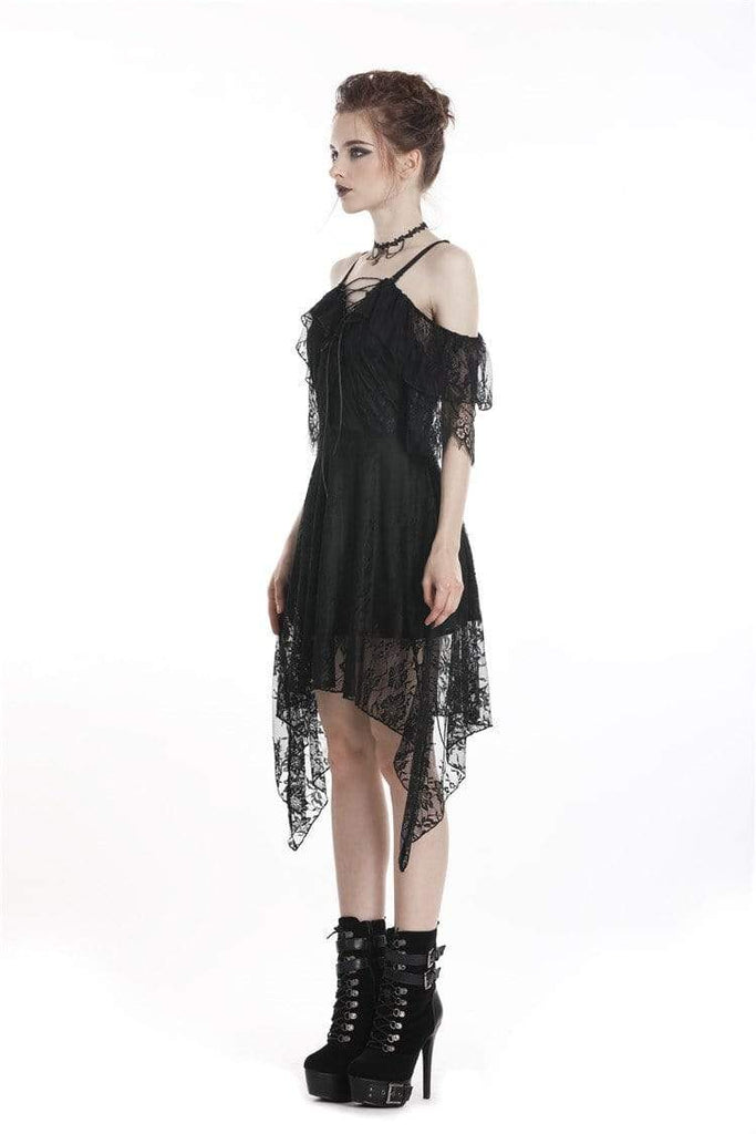 Darkinlove Women's Goth Off-Shoulder Lace Black Little Dress With Irregular Hem