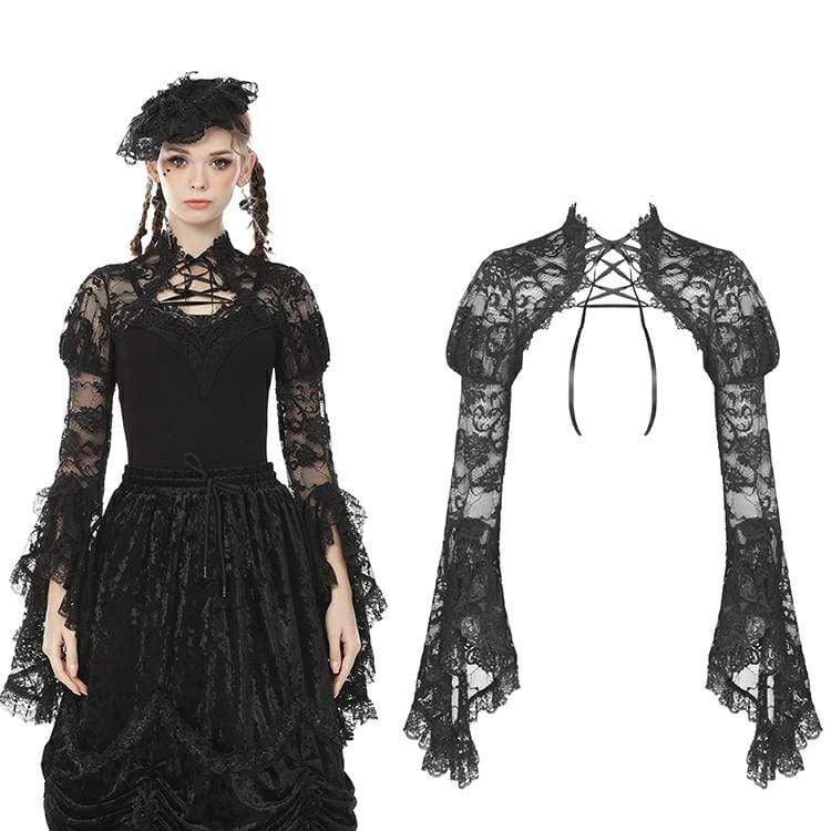 Women's Goth Sheer Floral Lace Cape with Puff Sleeves