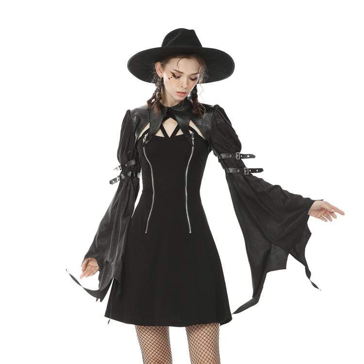 Women's Goth Straps Faux Leather Cape with Puff Sleeves