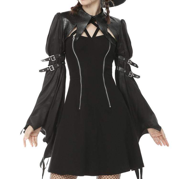 Women's Goth Straps Faux Leather Cape with Puff Sleeves