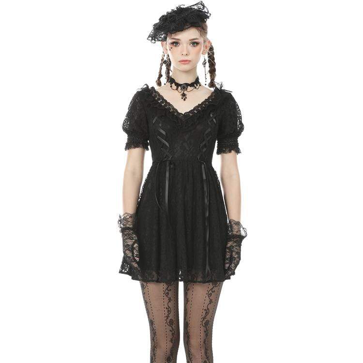 Women's Goth V-neck Floral Lace Black Little Dresses