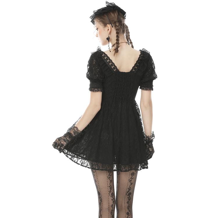 Women's Goth V-neck Floral Lace Black Little Dresses