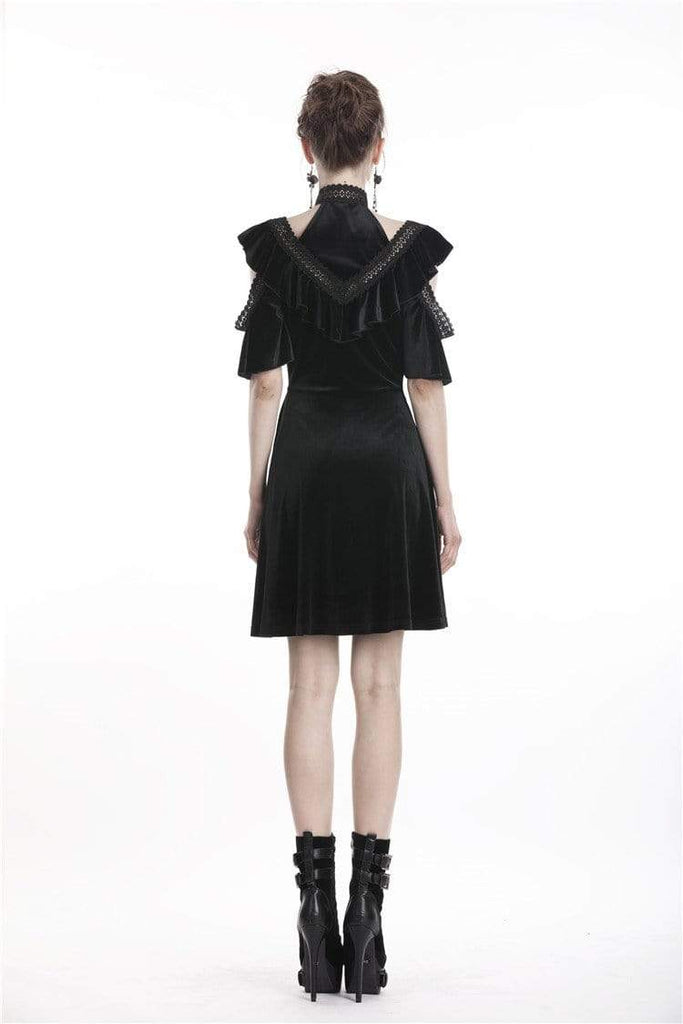 Darkinlove Women's Goth V-neck Halterneck Velvet Flounces Black Little Dress