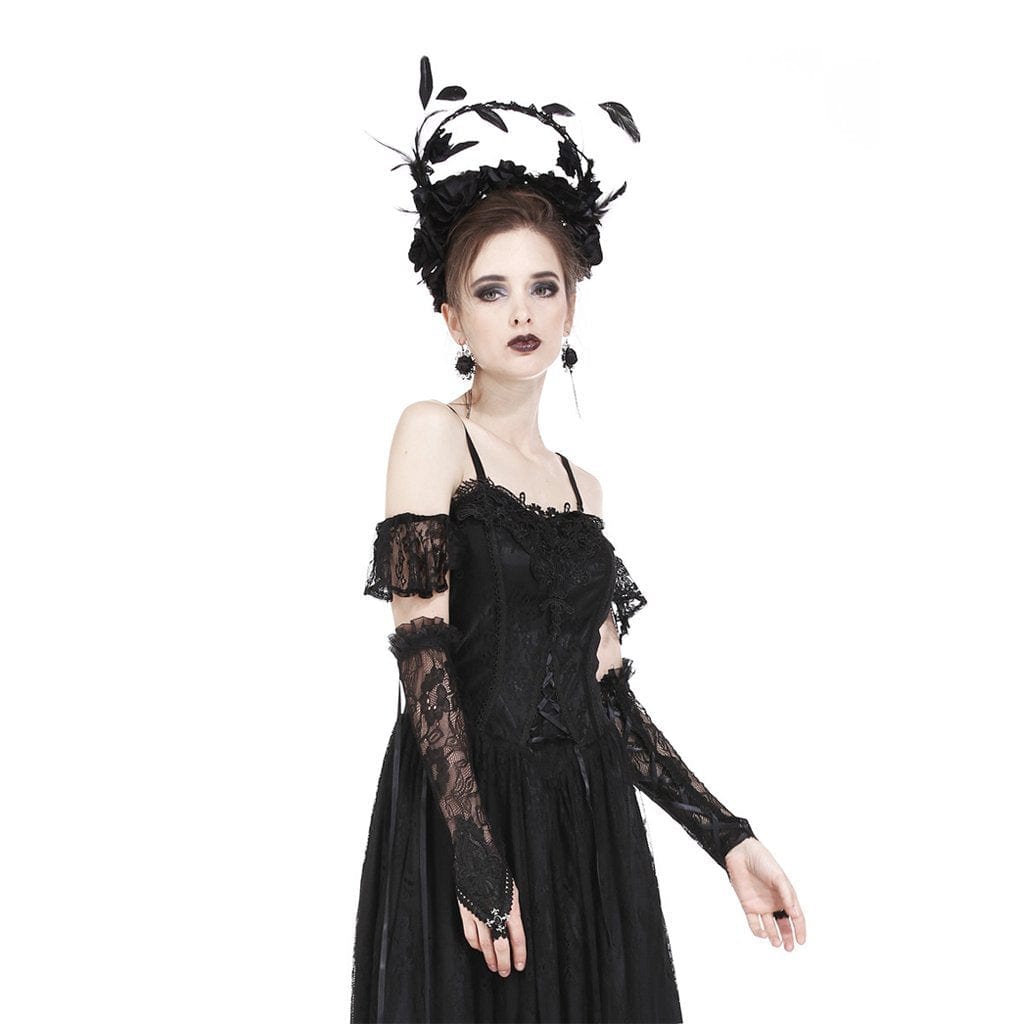 Darkinlove Women's Goth Velet And Lace Black Floral Wrist Gloves