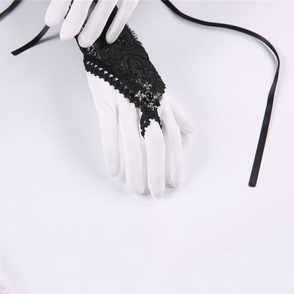 Darkinlove Women's Goth Velet And Lace Black Floral Wrist Gloves