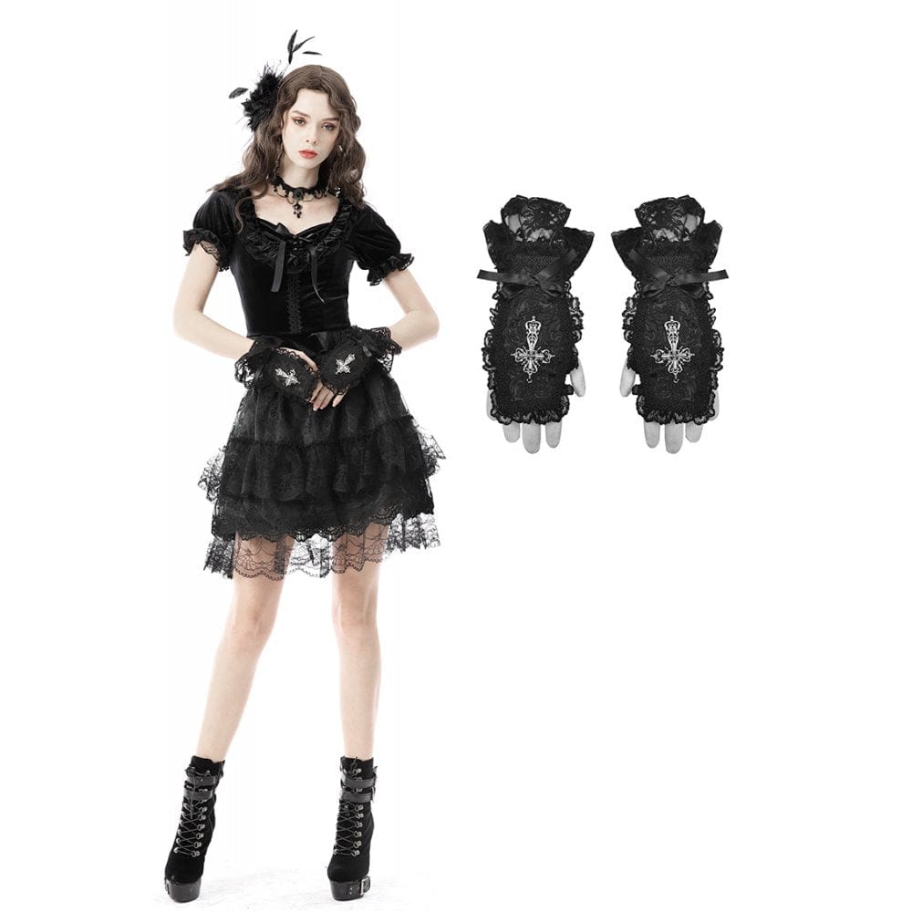 PUNK RAVE Women's Victorian Gothic Lolita Black Lace Floral Fingerless  Gloves Prom Halloween Party Club Gloves Women 1 Pair
