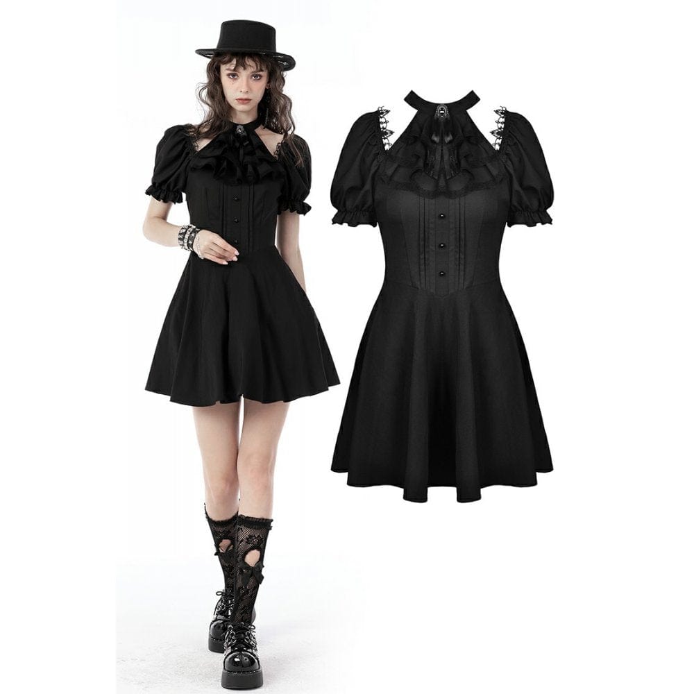 Darkinlove Women's Gothic Cutout Puff Sleeved Black Little Dress