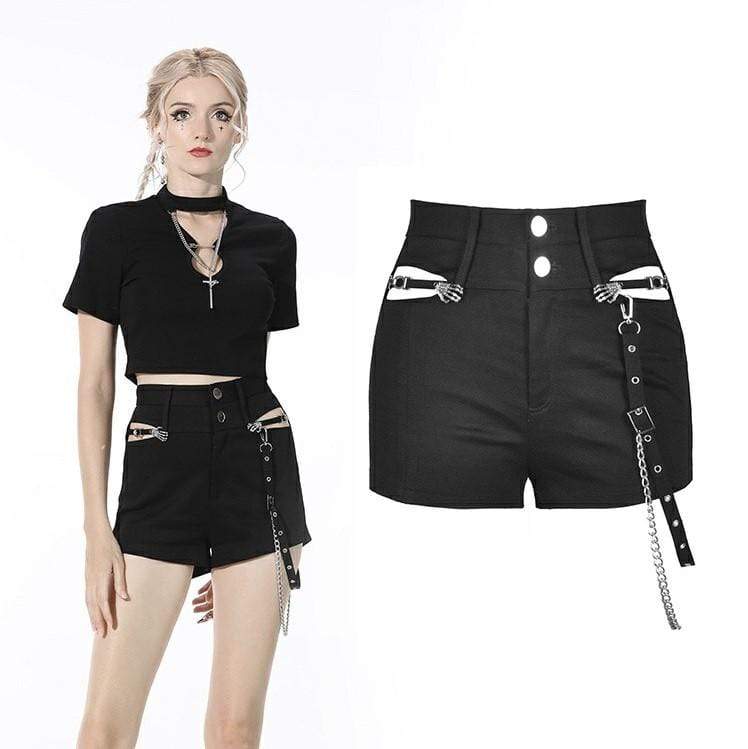 Darkinlove Women's Gothic Cutout Slim Fitted Black Shorts with Chain