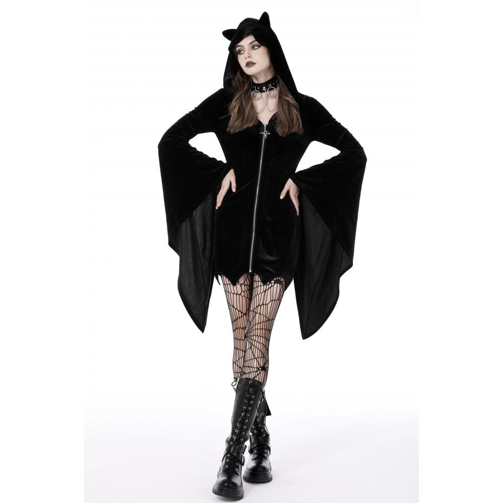 Darkinlove Women's Gothic Flared Sleeved Velvet Dress with Cat Ear Hood