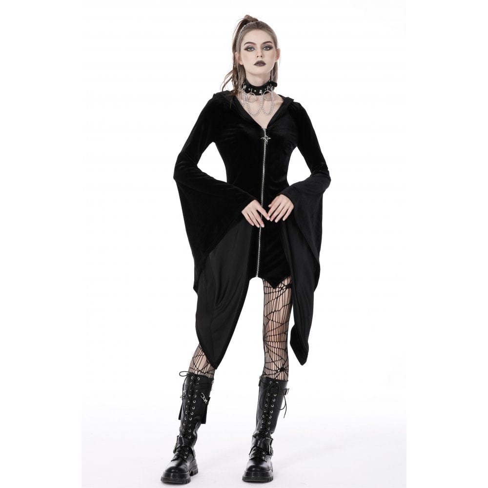Darkinlove Women's Gothic Flared Sleeved Velvet Dress with Cat Ear Hood