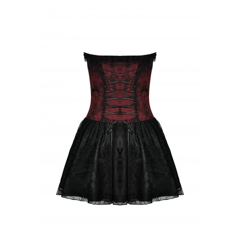 Darkinlove Women's Gothic Front Zip Contrast Color Lace Strapless Dress