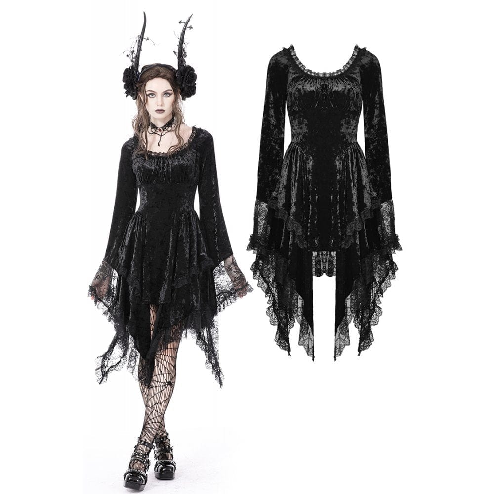 Darkinlove Women's Gothic Irregular Flare Sleeved Lace Splice Velvet Dress