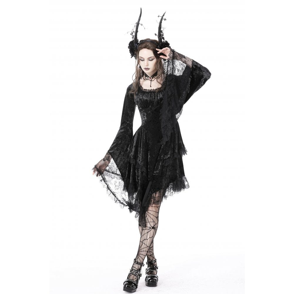 Darkinlove Women's Gothic Irregular Flare Sleeved Lace Splice Velvet Dress