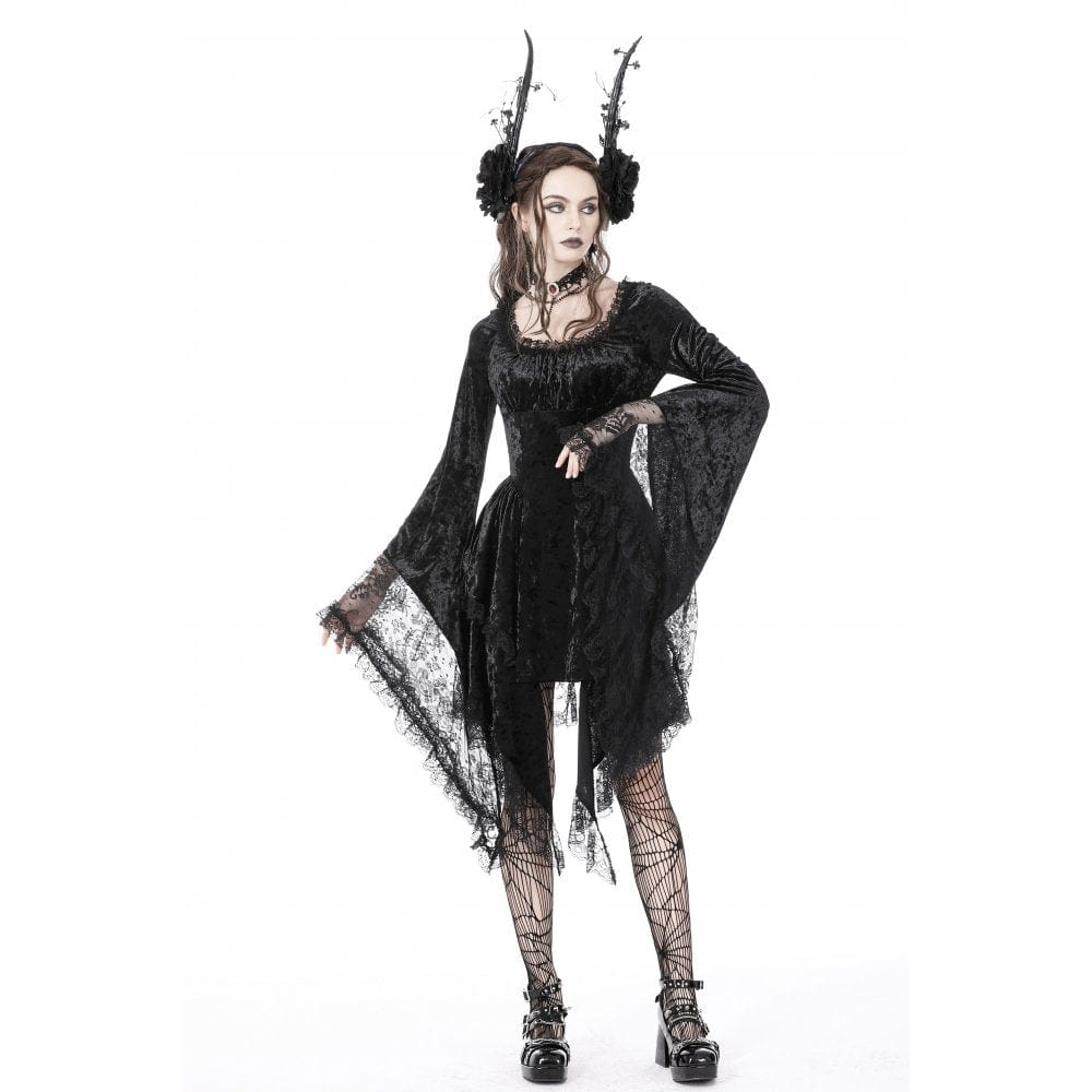 Darkinlove Women's Gothic Irregular Flare Sleeved Lace Splice Velvet Dress