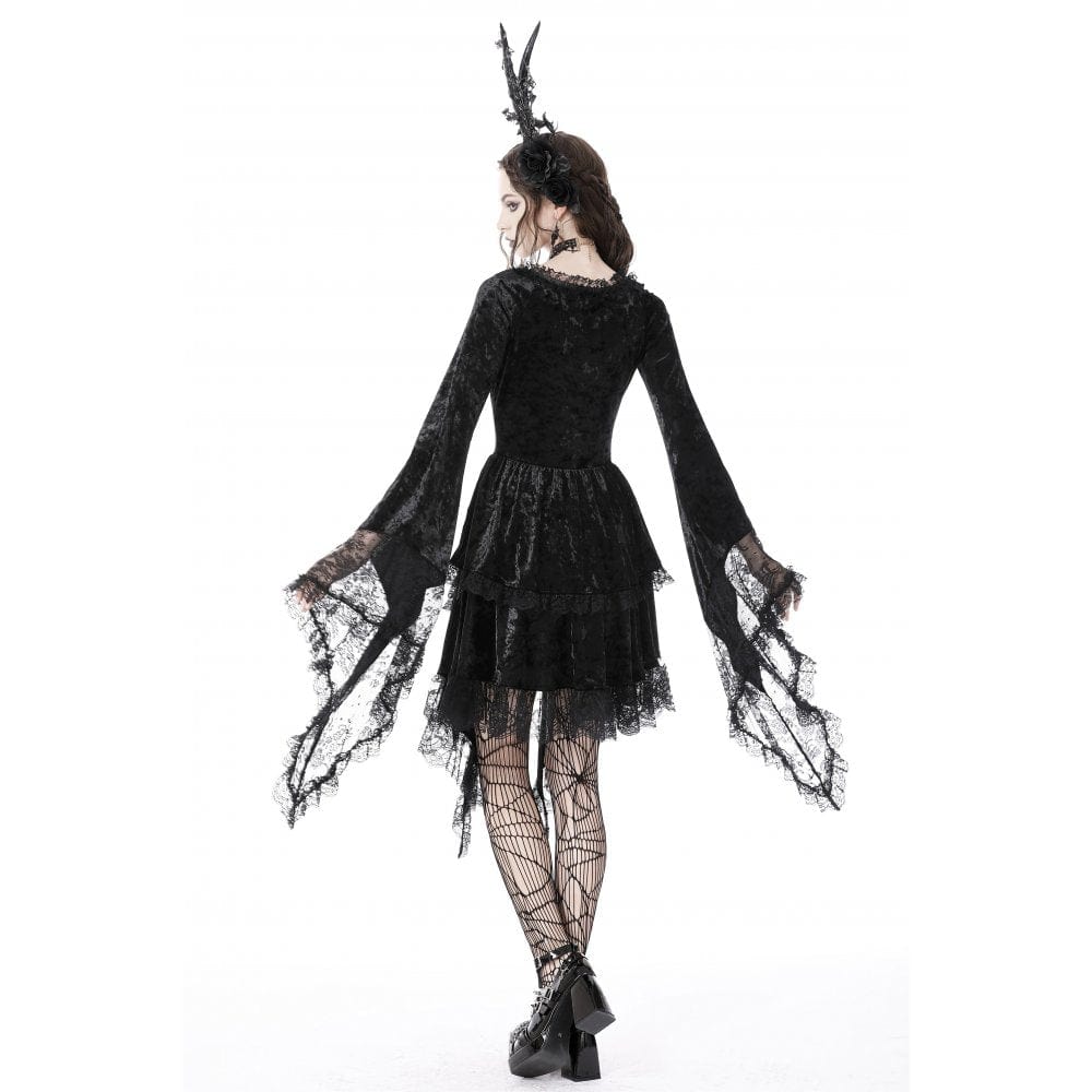 Darkinlove Women's Gothic Irregular Flare Sleeved Lace Splice Velvet Dress