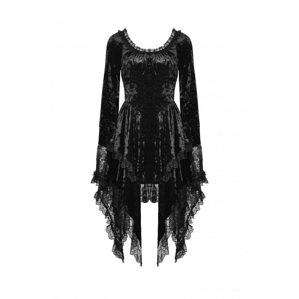 Darkinlove Women's Gothic Irregular Flare Sleeved Lace Splice Velvet Dress