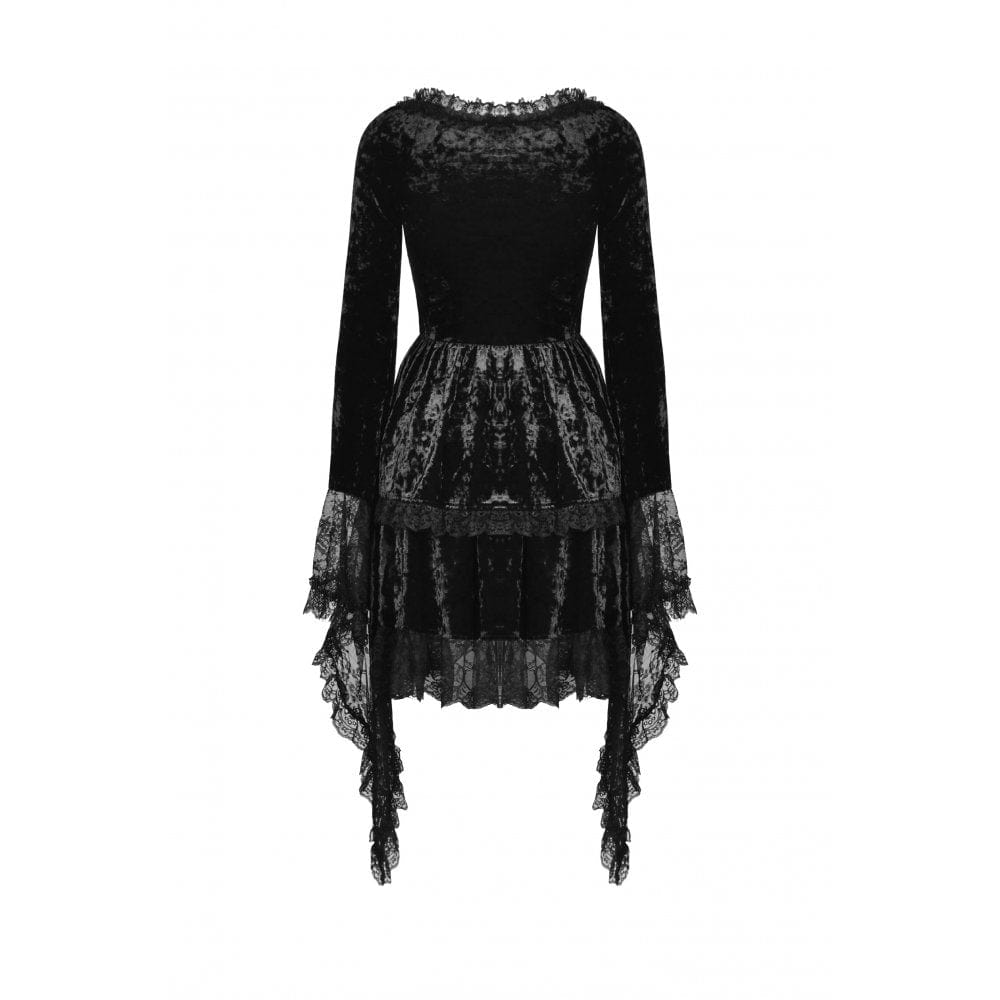 Darkinlove Women's Gothic Irregular Flare Sleeved Lace Splice Velvet Dress