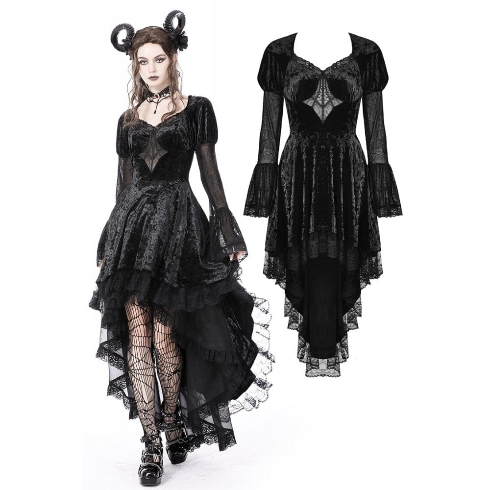 Darkinlove Women's Gothic Irregular Lace Layered Velvet Dress