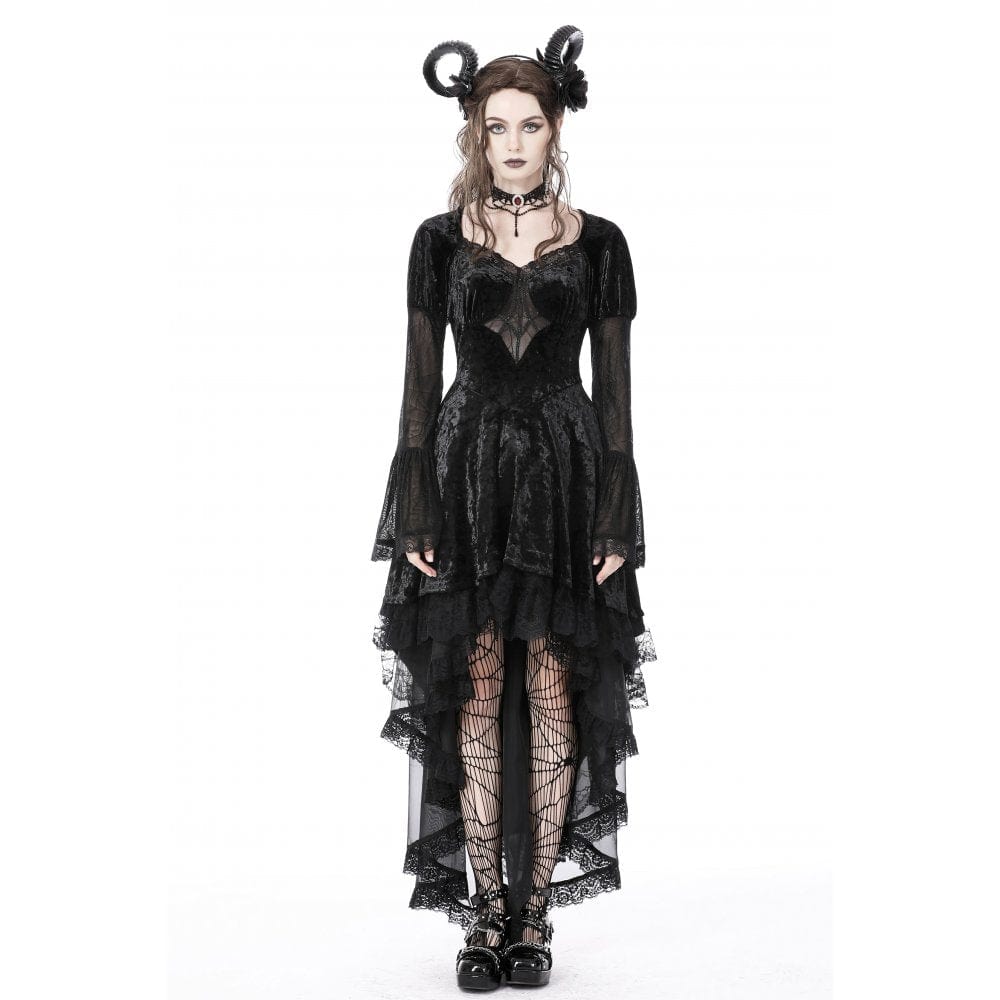 Darkinlove Women's Gothic Irregular Lace Layered Velvet Dress