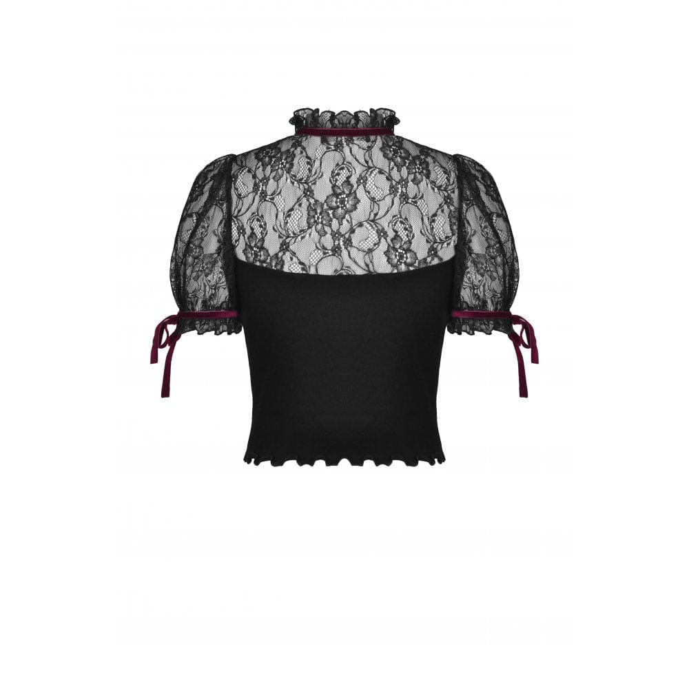Darkinlove Women's Gothic Lace Puff Sleeved Cutout Velet Top