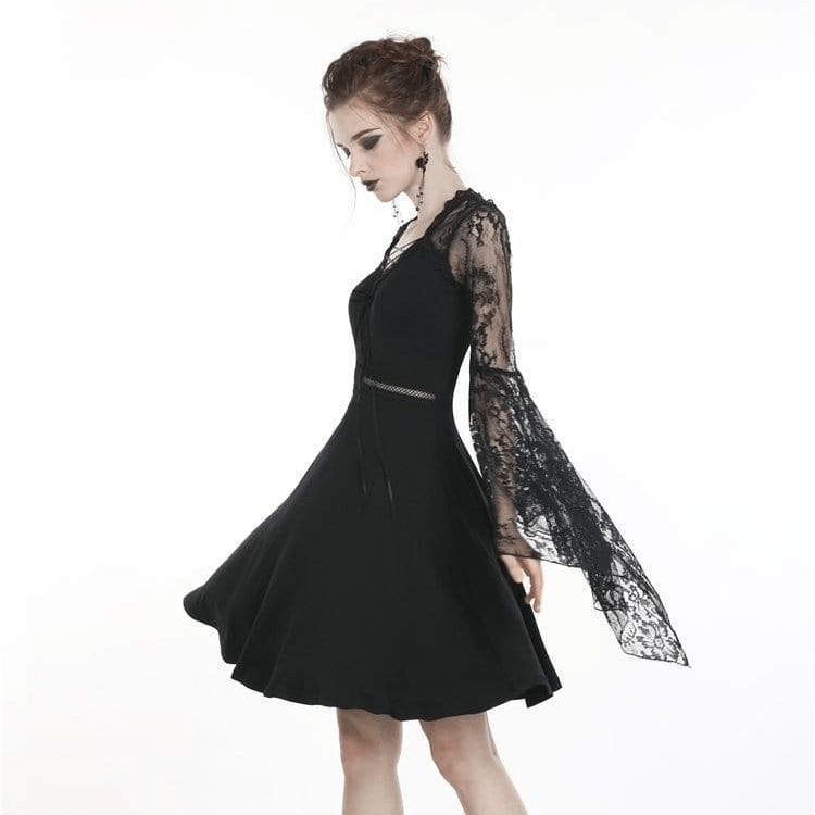 Darkinlove Women's Gothic Lace-up Sheer Sleeved Hollow Waist Dresses