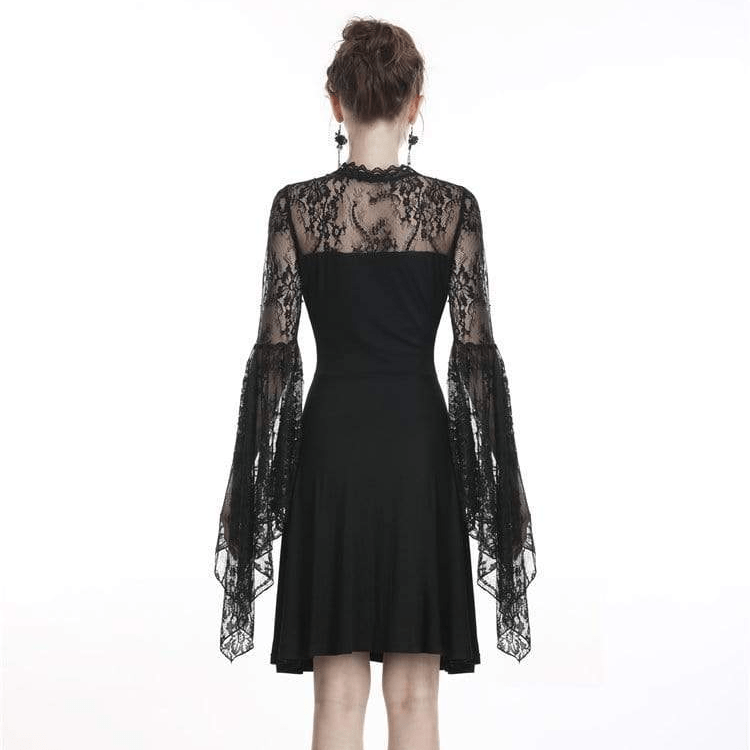 Darkinlove Women's Gothic Lace-up Sheer Sleeved Hollow Waist Dresses
