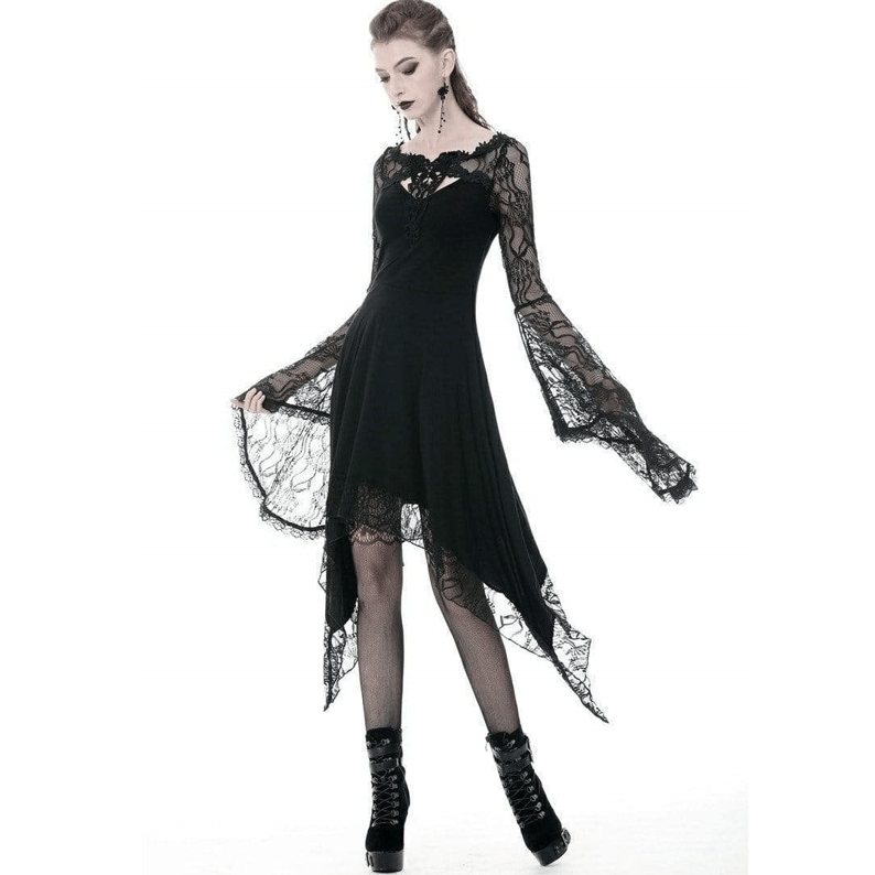 Women's Gothic Lady Hollow Chest Irregular Dresses With Floral Lacey Sleeves