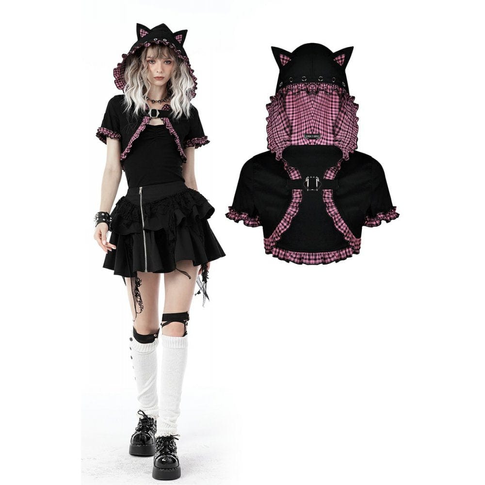 Darkinlove Women's Gothic Lolita Pink Plaid Cape with Cat Ear Hood