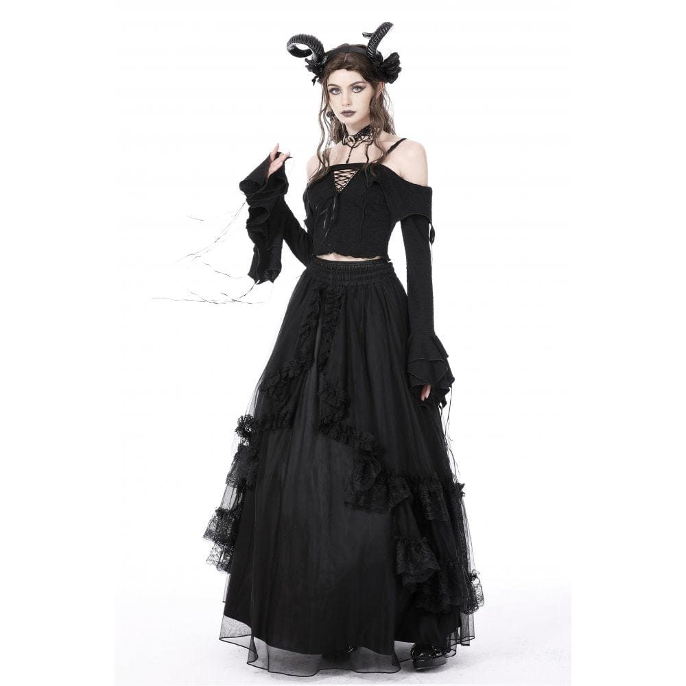 Darkinlove Women's Gothic Off Shoulder Flared Sleeved Crop Top