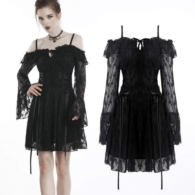 Darkinlove Women's Gothic Off-shoulder Lace Overlaid  Sheer Sleeved Dresses